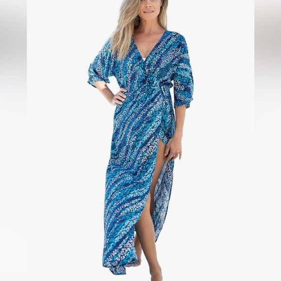 Swimsuits For All Cover Up Maxi Dress Faux Wrap Plus 34W 36W Blue Animal Dot - Picture 1 of 13